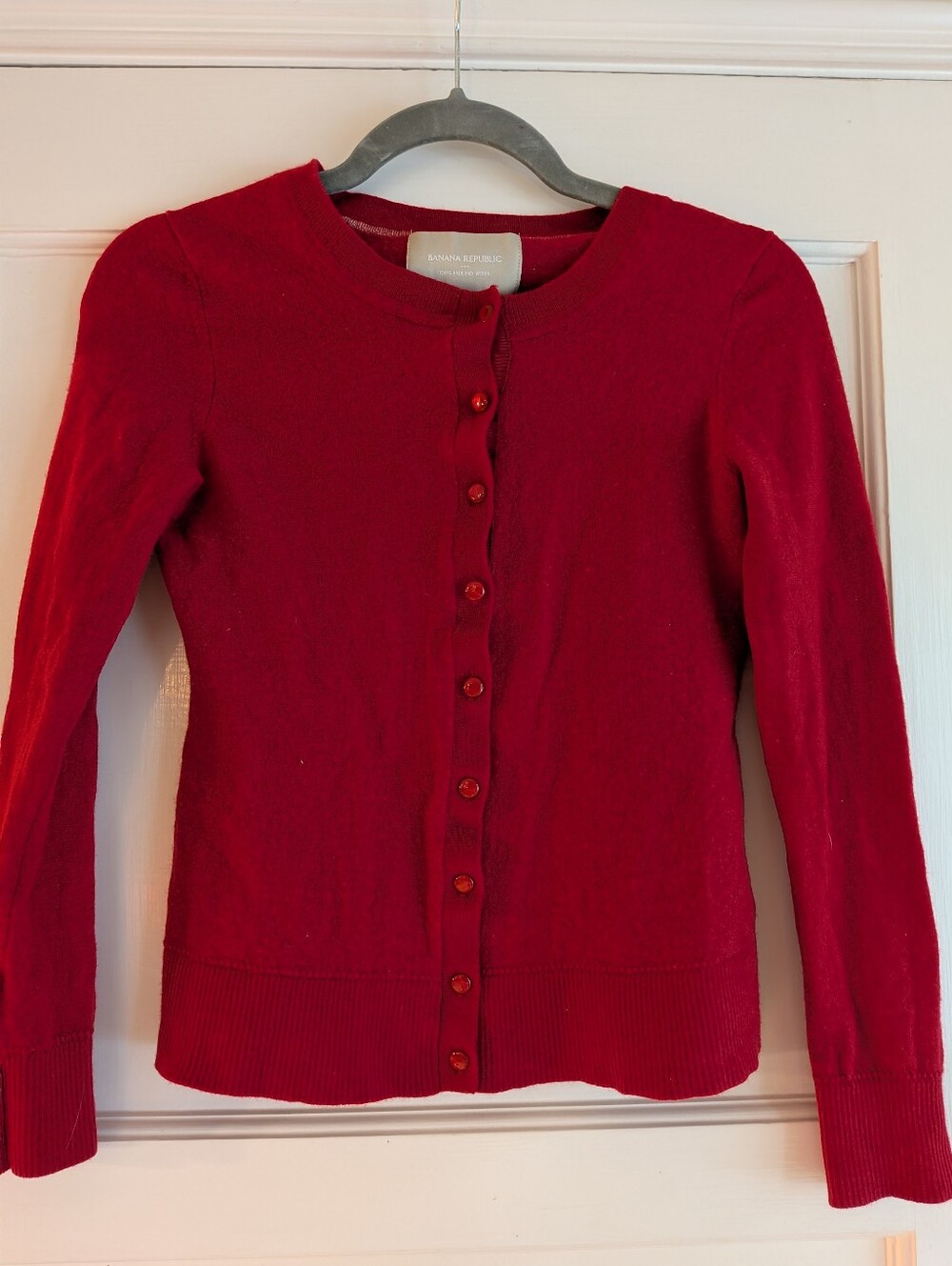 Banana Republic Red Button-Front Merino Wool Crewneck Cardigan